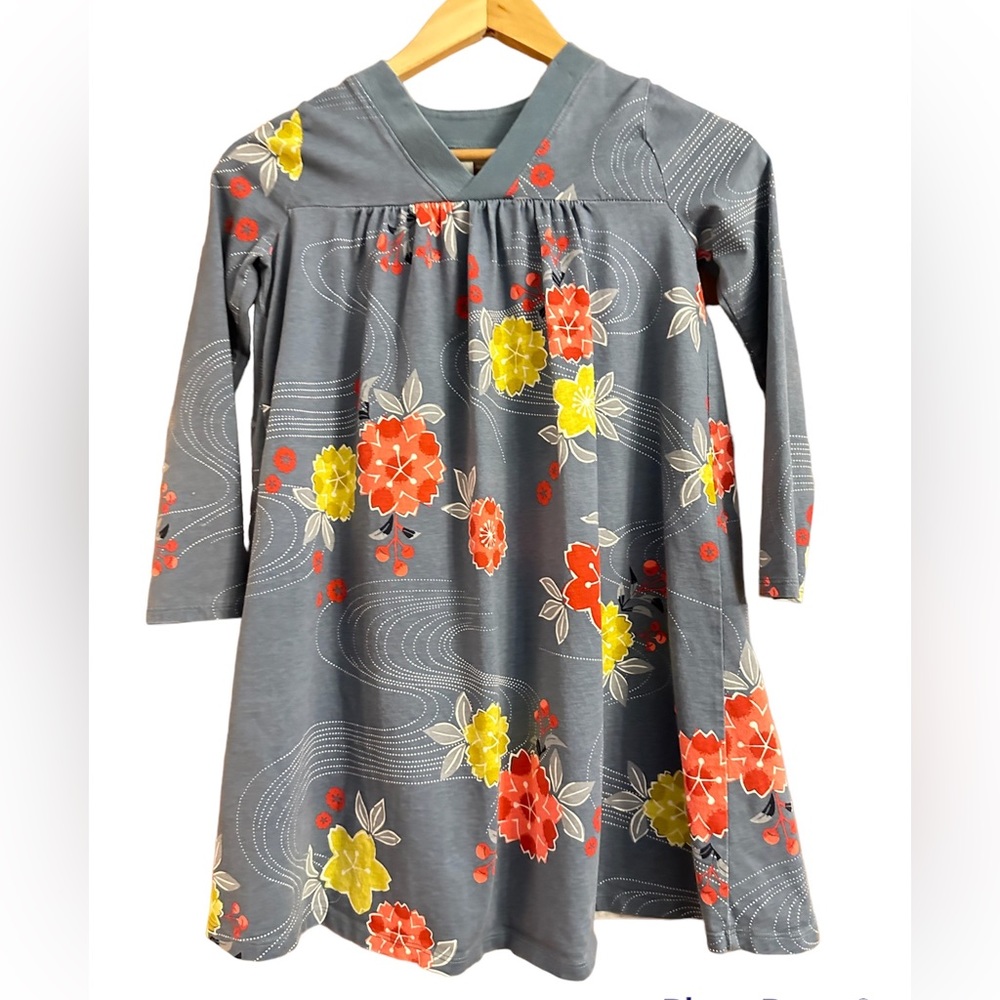 Tea Collection Gray Dress with Red and Yellow Floral Pattern